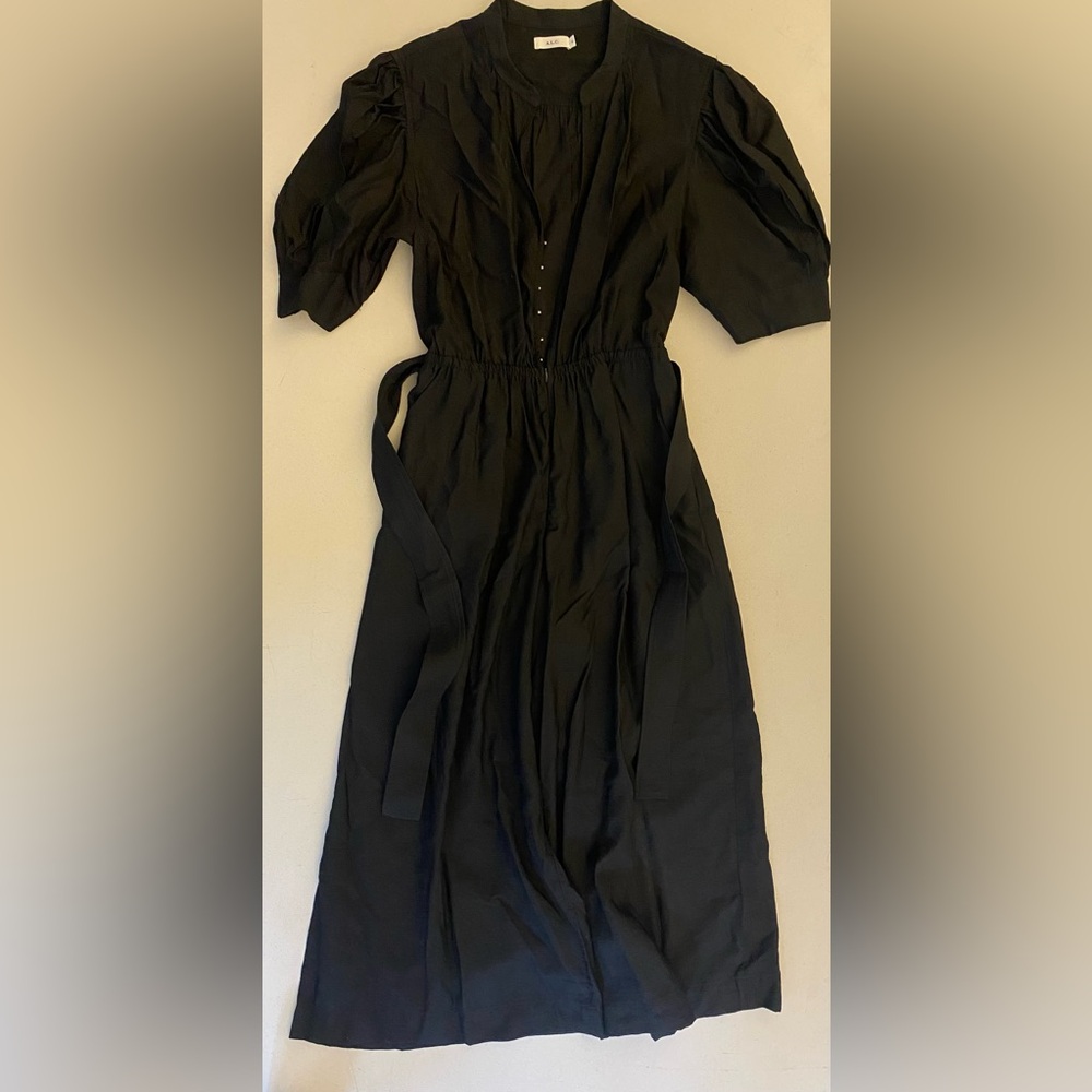 A.L.C. Black Puff Sleeve Belted Midi Dress Size 4
